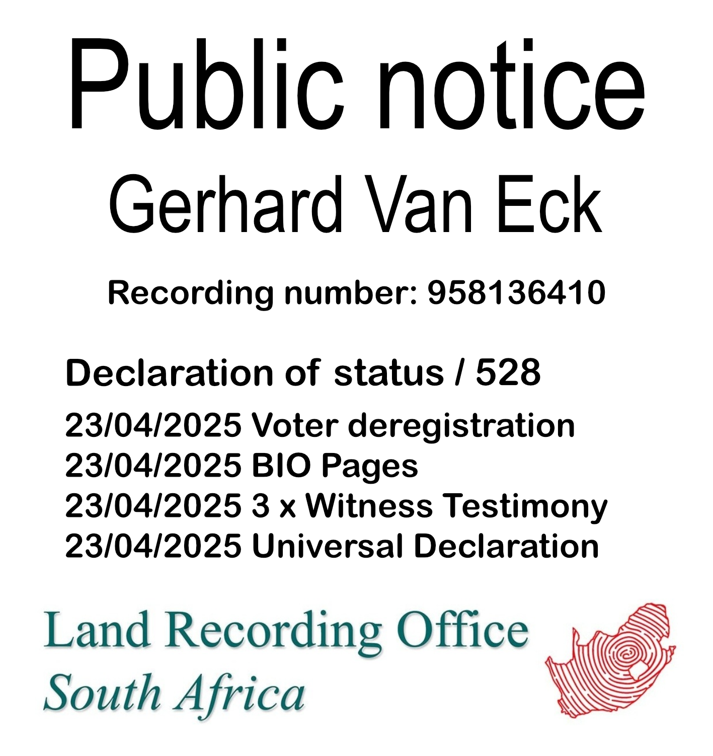 Public Notice Gerhard Van Eck (c) Recording number 958136410